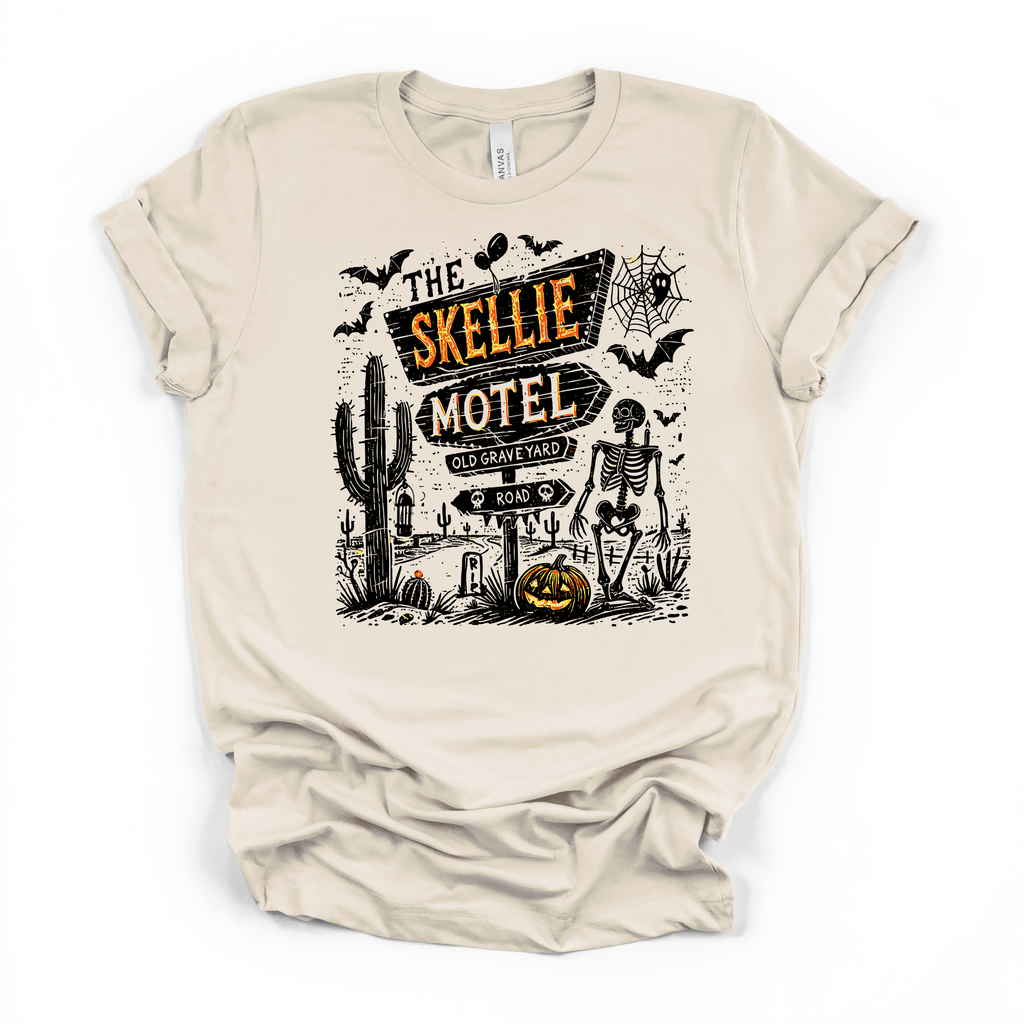 Skellie Motel Halloween T Shirt (Black Design)